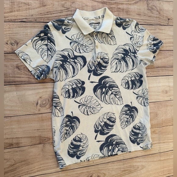 Jack & Jones Cream and Blue  Polo Shirt with Tropical Leaf Design/size M - Picture 7 of 10